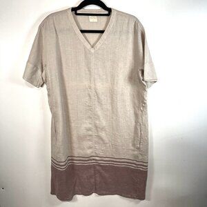 Pou‎ Nou 100% Linen Shirt Dress Women’s Size Large Tan Red Beach Pockets